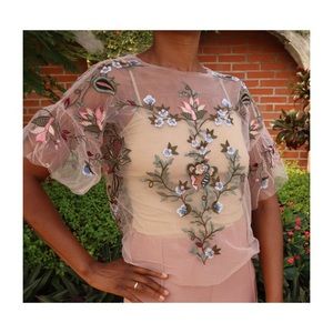 Zara Women’s Embroidered Sheer Tulle Blouse Top